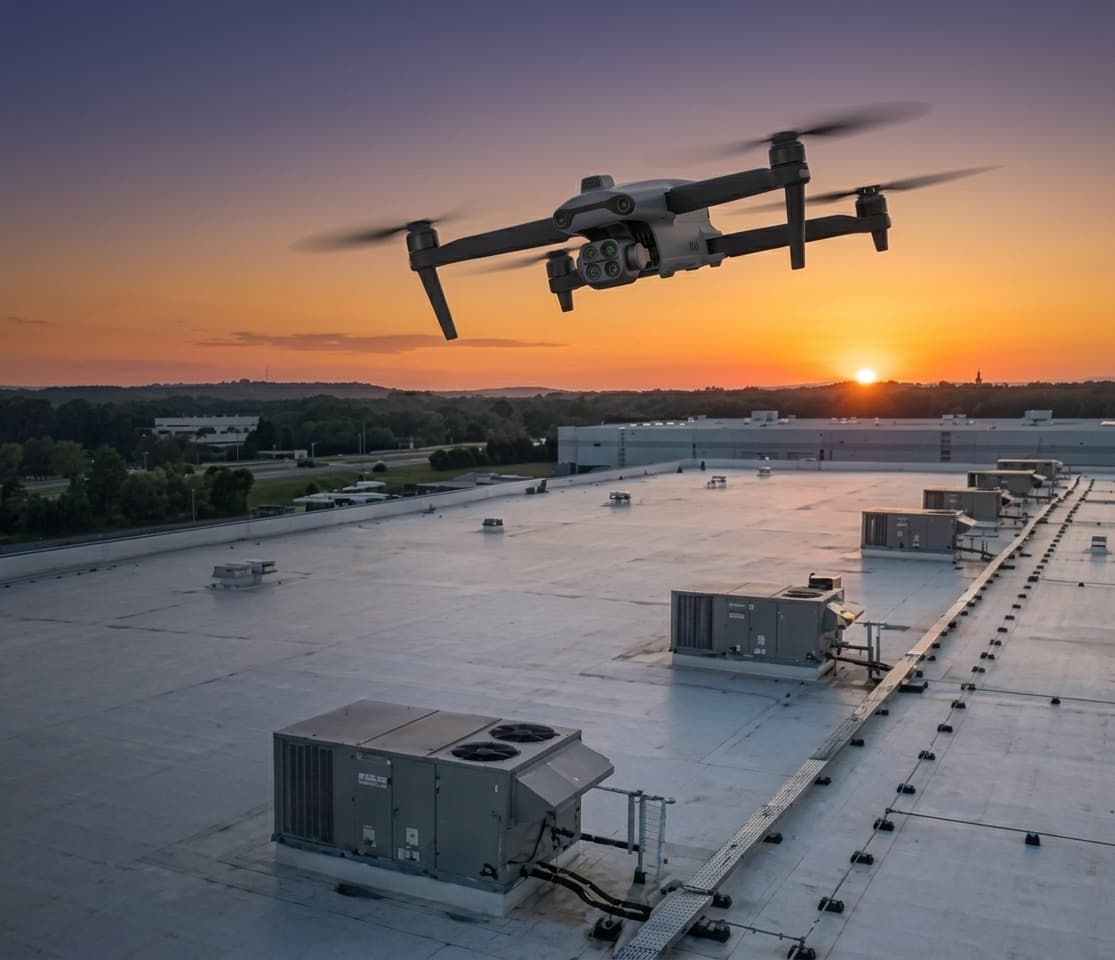 Inspection drone flying over a commercial rooftop with RTU mechanical units at sunset