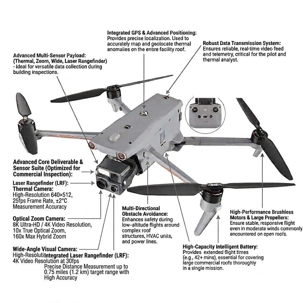 Autel EVO Max 4T commercial drone with annotated callouts showing the multi-sensor payload, GPS positioning, data transmission, obstacle avoidance, battery, and motor specifications