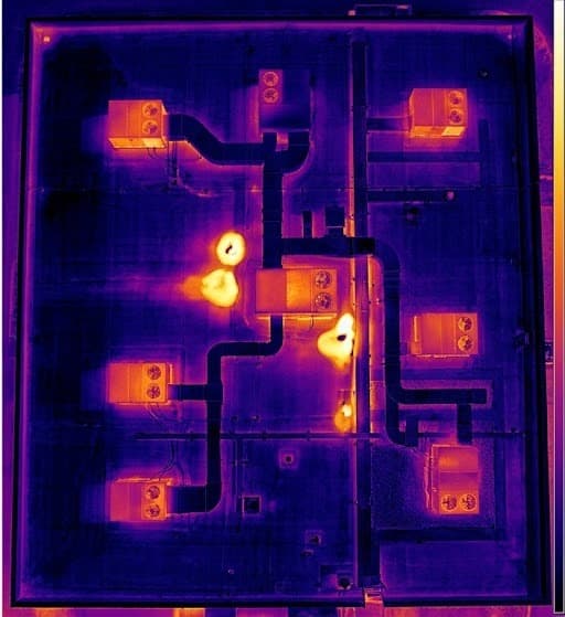 Radiometric infrared thermal scan of a commercial roof showing a moisture anomaly