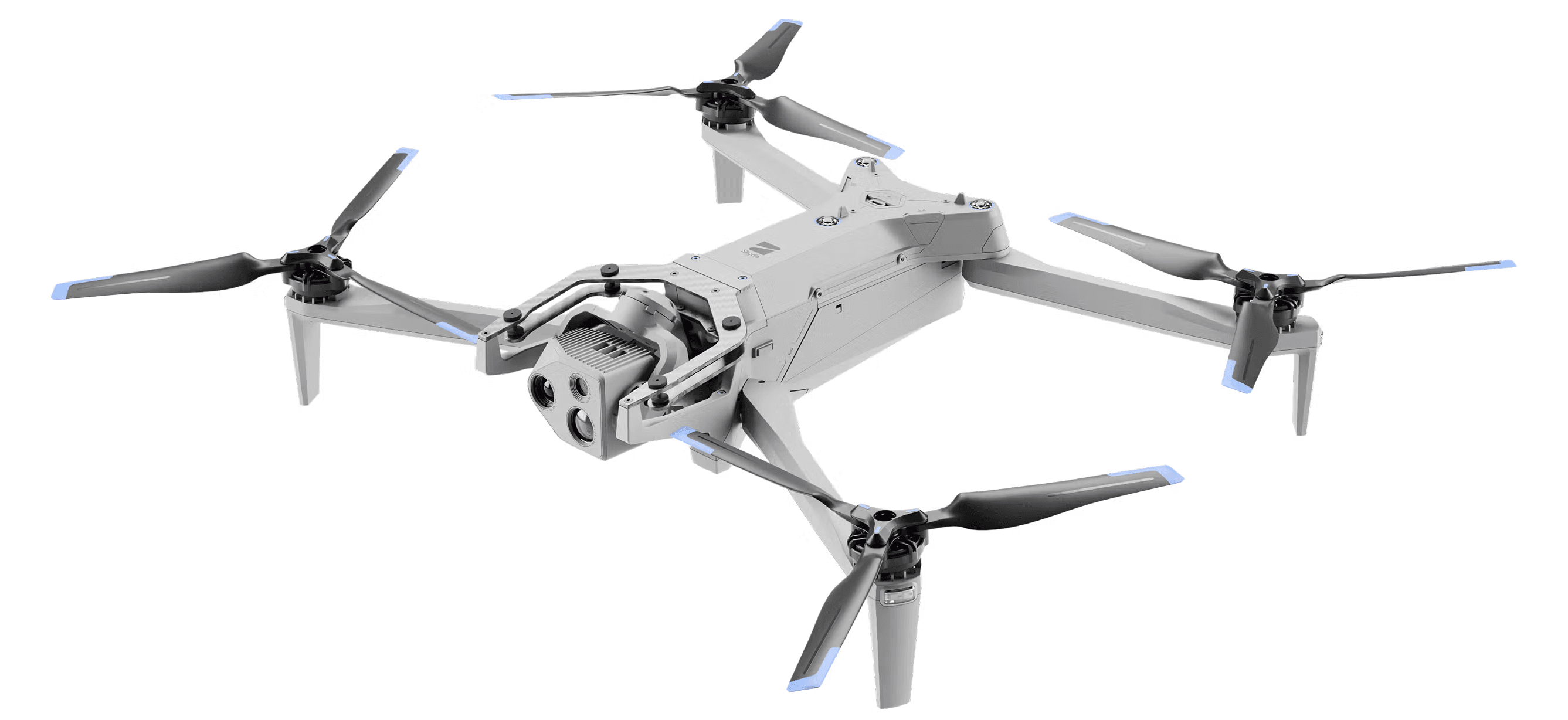Skydio X10 commercial drone with folding arms and a dual-lens sensor payload, shown in flight